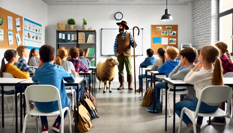 DALL·E 2024-06-19 11.07.04 - A shepherd standing in front of students in a classroom. The shepherd is wearing traditional attire with a shepherd's crook and a hat